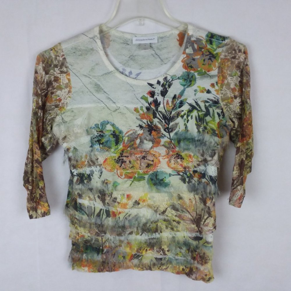 Floral Shirt Top Sheer Sleeves Painted Look